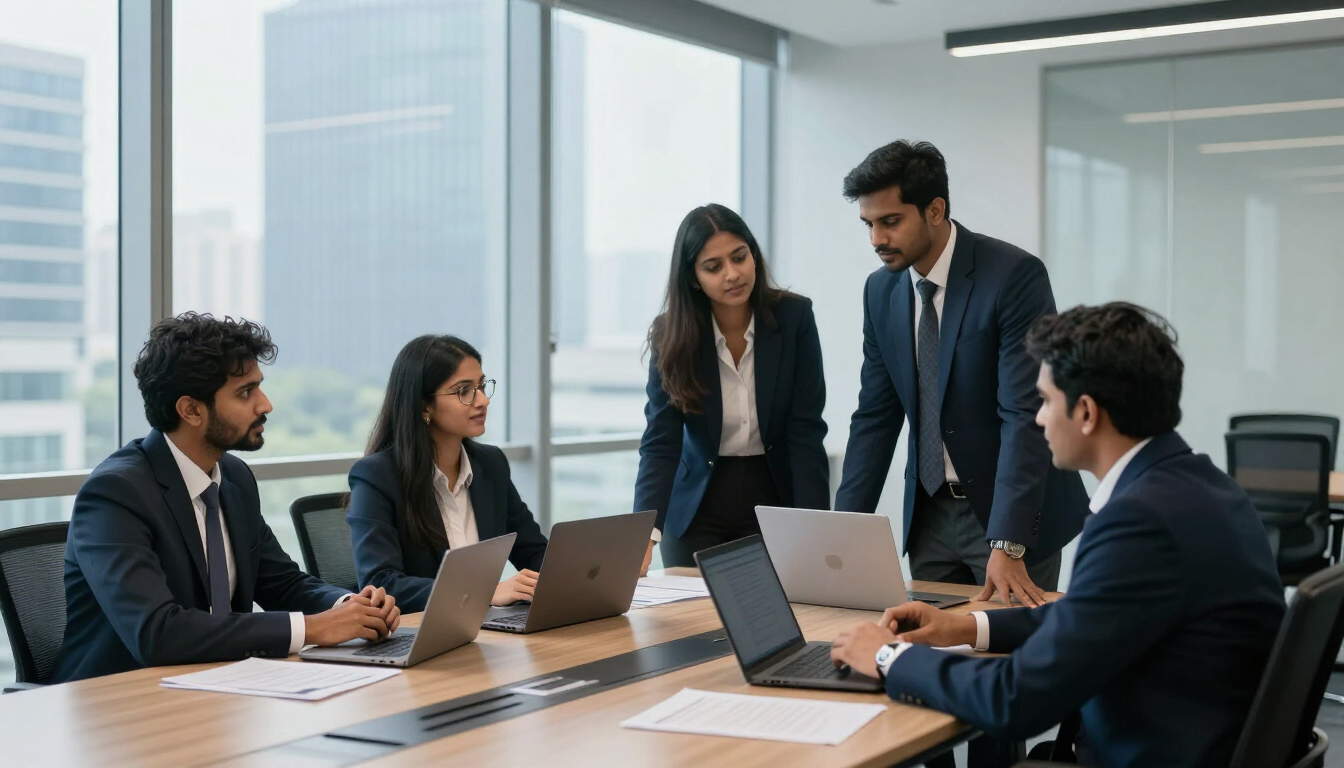 Business colleagues sharing ideas around a table in a bright office